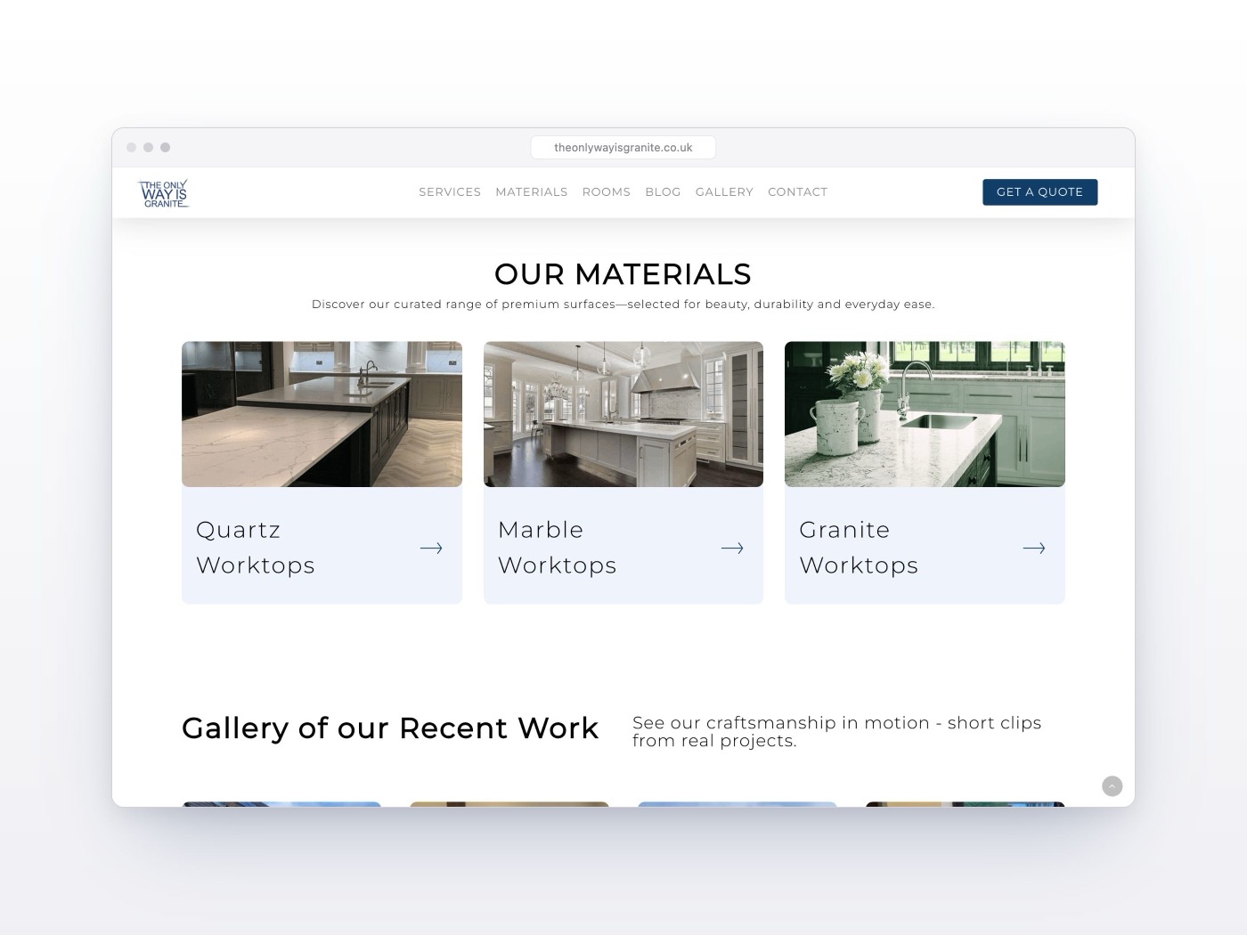 The materials section of the site, showing quartz, marble and granite worktop ranges